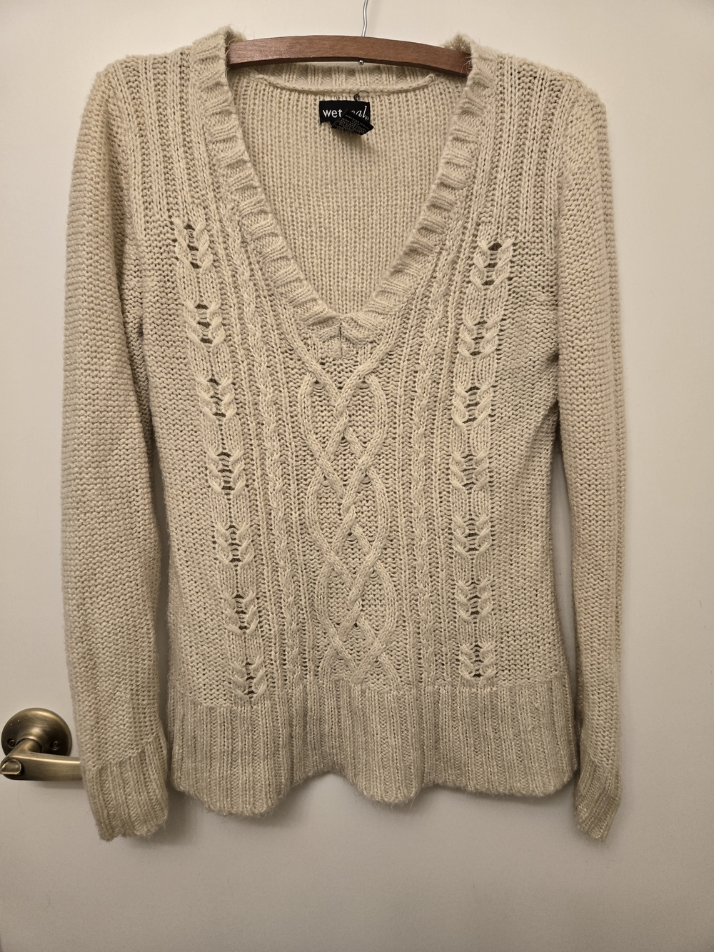 Wet Seal Beige Cable Knit V-Neck Sweater